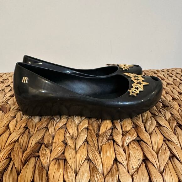 Mini Melissa Ultra Girl Star Flats sz 2 Girl's Black Flats Gold Star - Picture 4 of 6